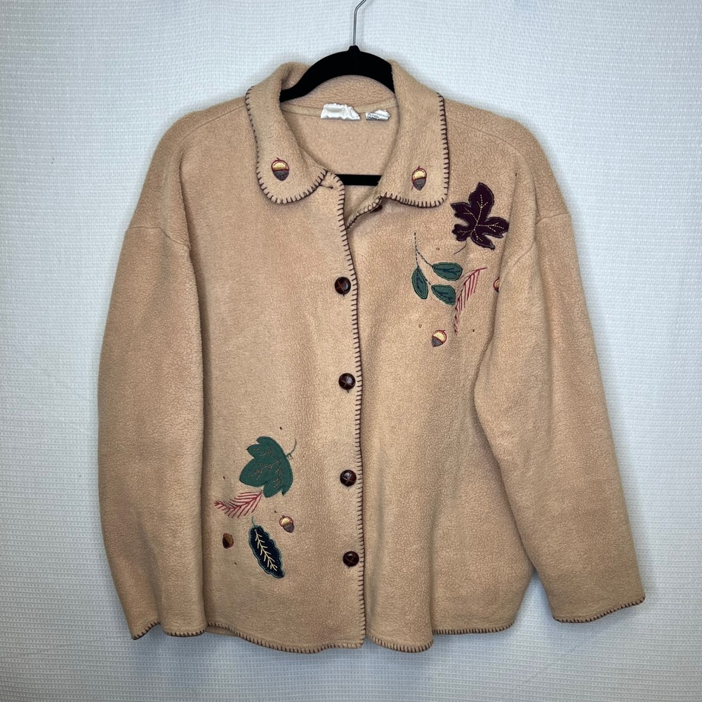 Fashion Bug Vintage Womens XL Tan Fleece Embroidered Autumn Leaf Jacket